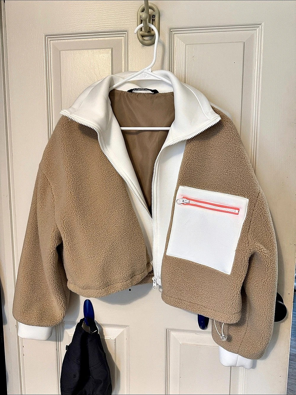Zara Color Block Teddy Jacket in Brown & White
